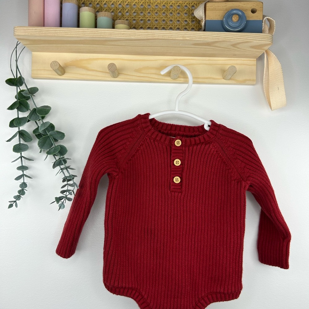 Red Knit Baby Onesie with Wooden Buttons
